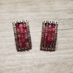 Pink Fuscia Silver Beaded Post Earrings Vtg Estate Jewelry